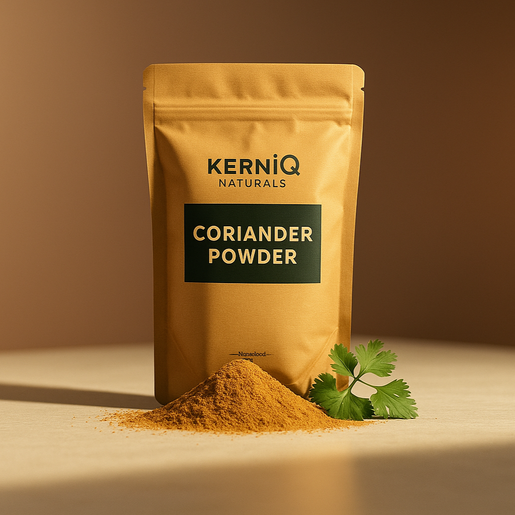 KerniQ Naturals coriander powder package with coriander leaves on a beige background