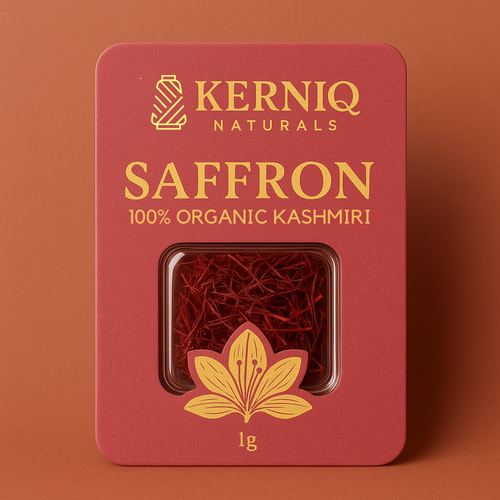 Kerniq Naturals saffron package on a brown background
