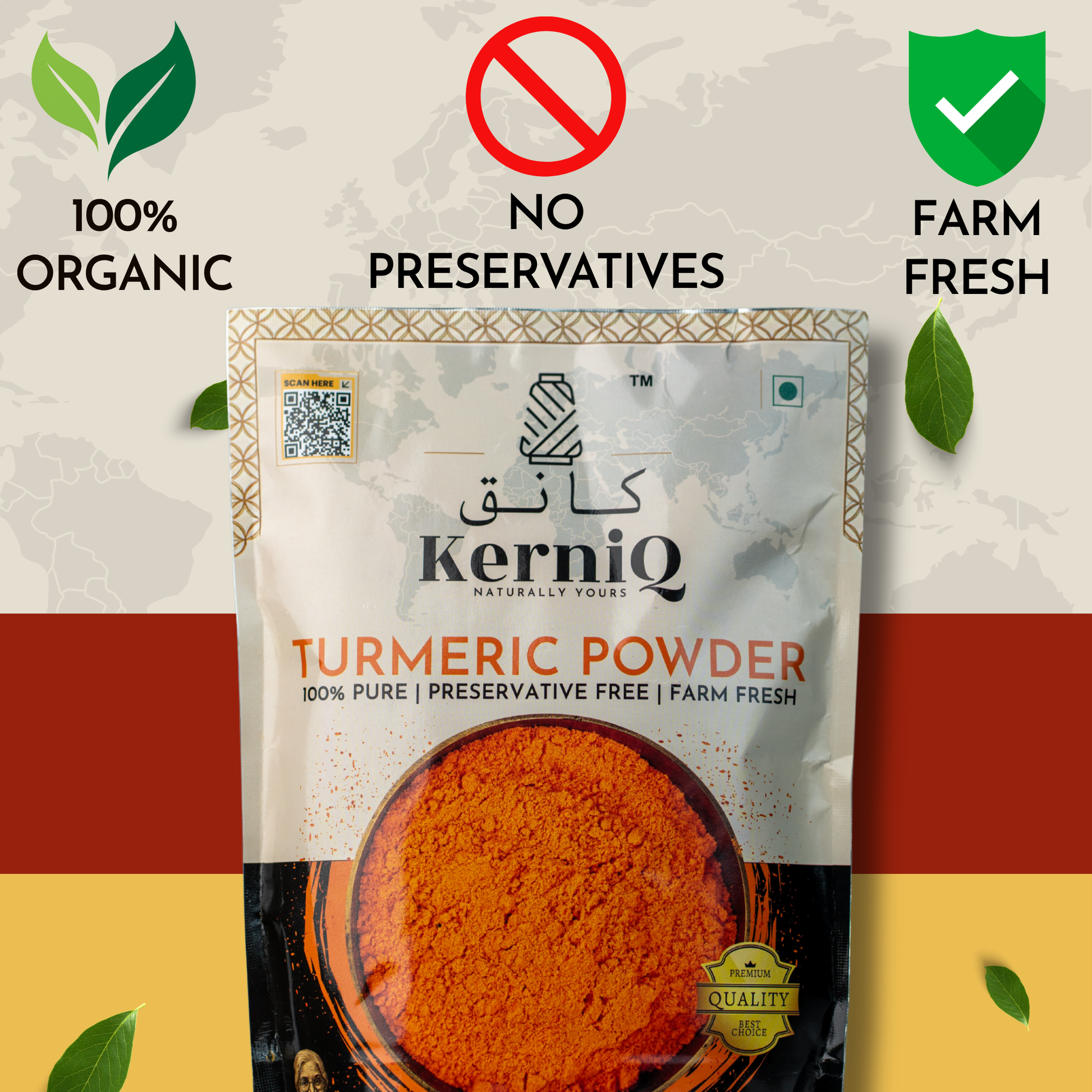 KerniQ Turmeric Powder packaging with organic, no preservatives, and farm fresh labels.