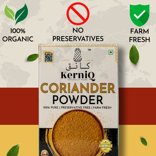 Kerniq Coriander Powder packaging with organic, no preservatives, and farm fresh labels on a colorful background.