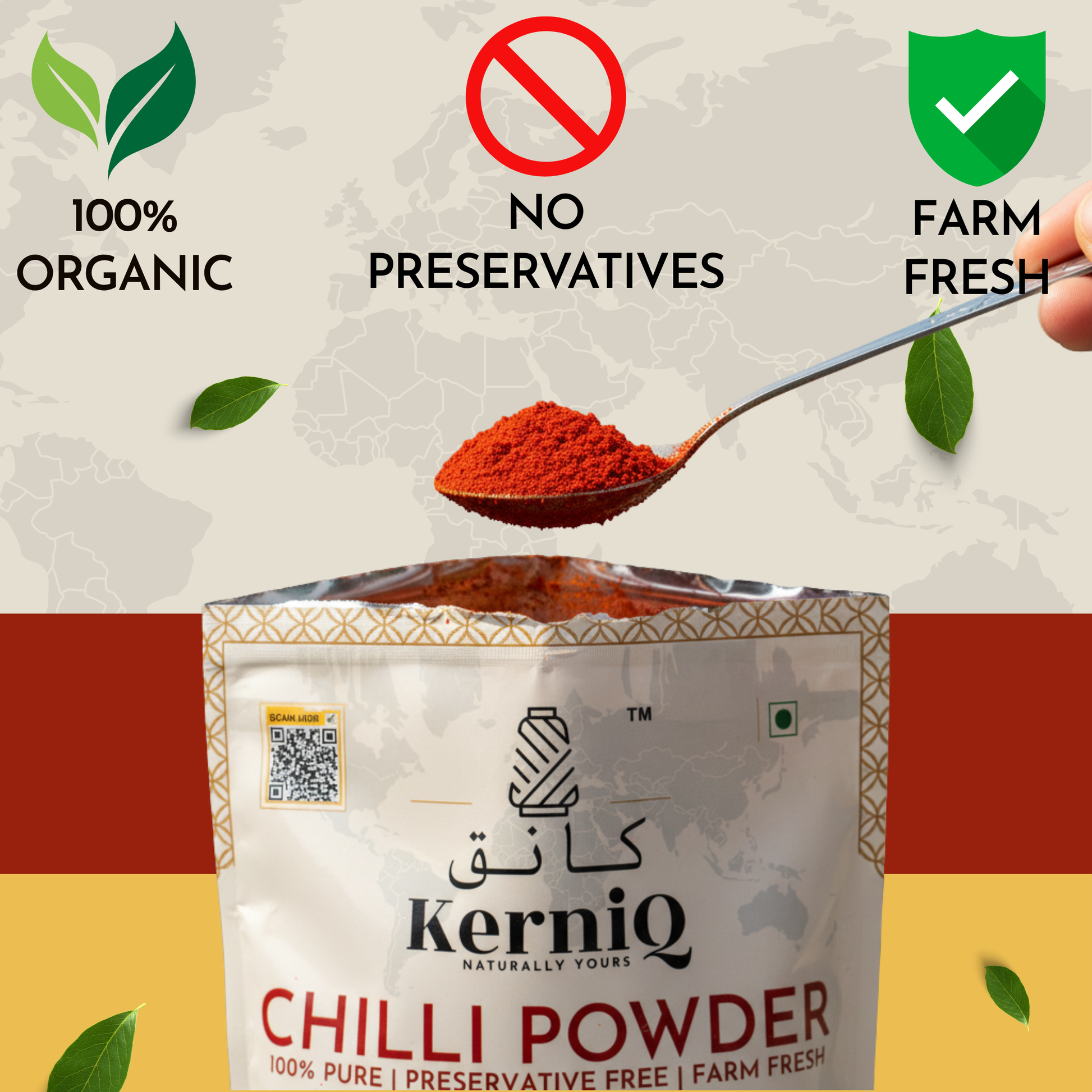KerniQ Chilli Powder packaging with spoonful of powder, organic, no preservatives, farm fresh labels.