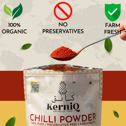 KerniQ Chilli Powder packaging with spoonful of powder, organic, no preservatives, farm fresh labels.