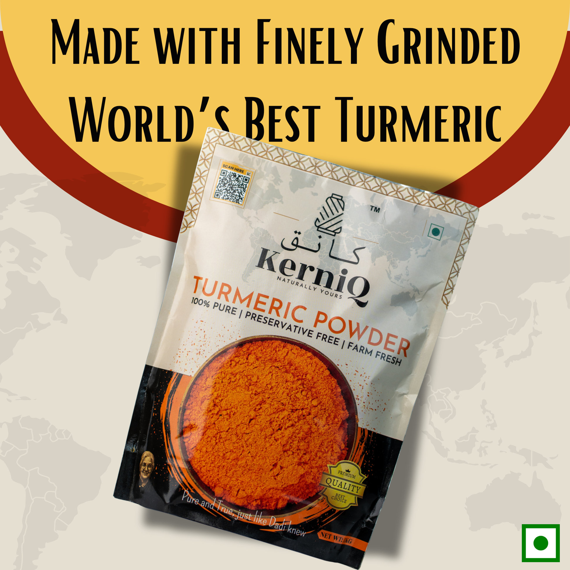 KerniQ Turmeric Powder package with text about world's best turmeric on a decorative background