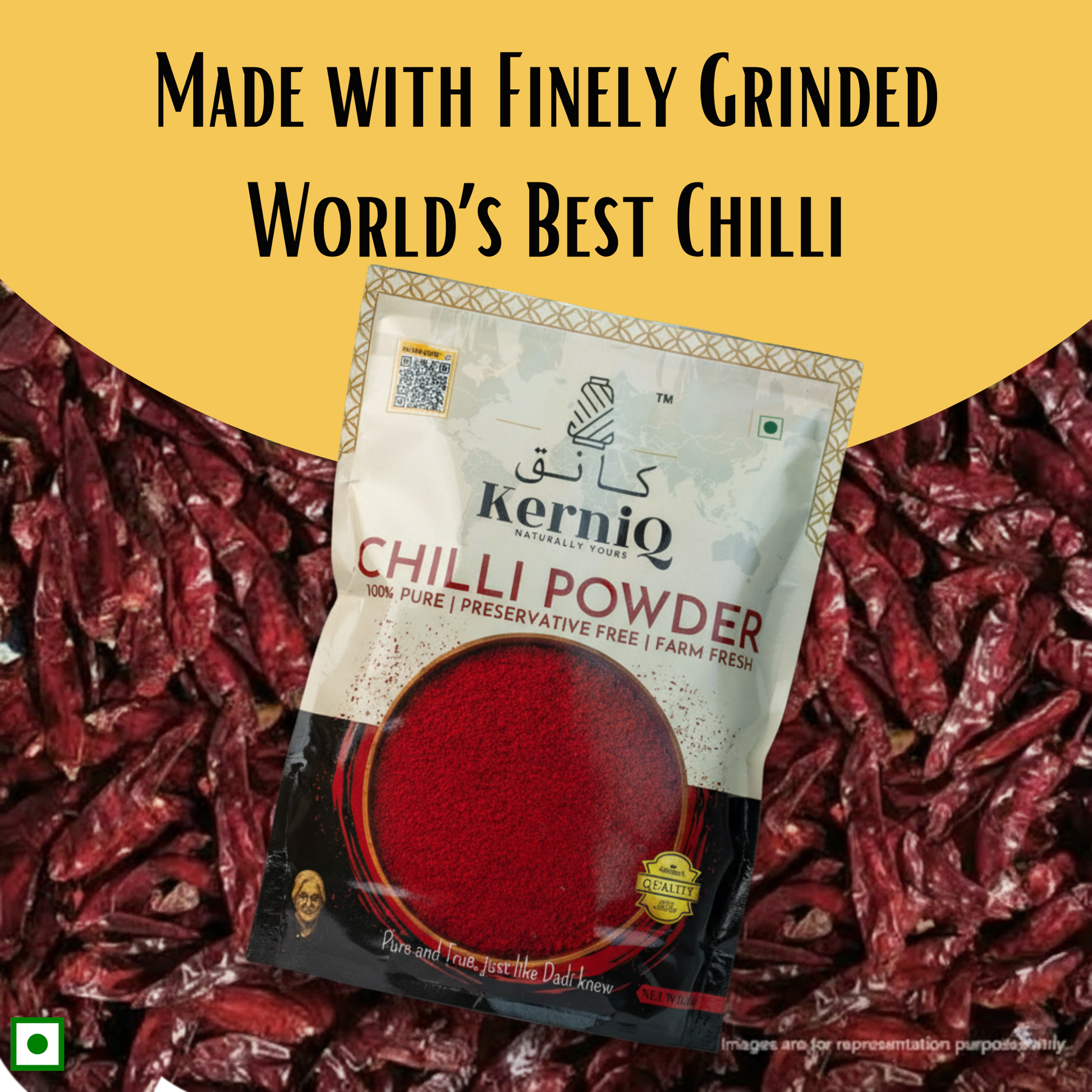 Kerniq Chilli Powder package surrounded by red chilies on a yellow background