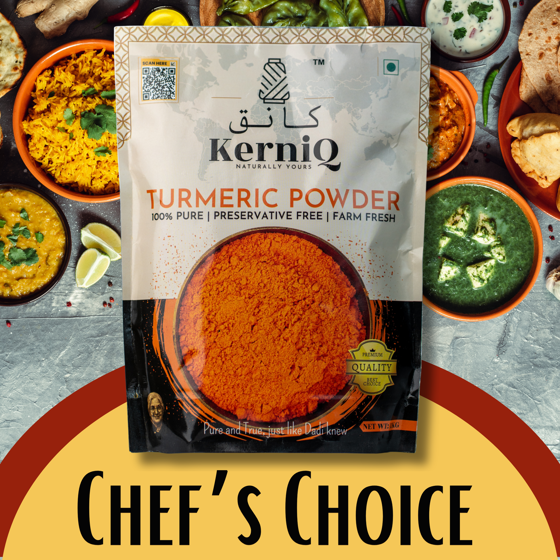 KerniQ Turmeric Powder packaging with a background of Indian cuisine.