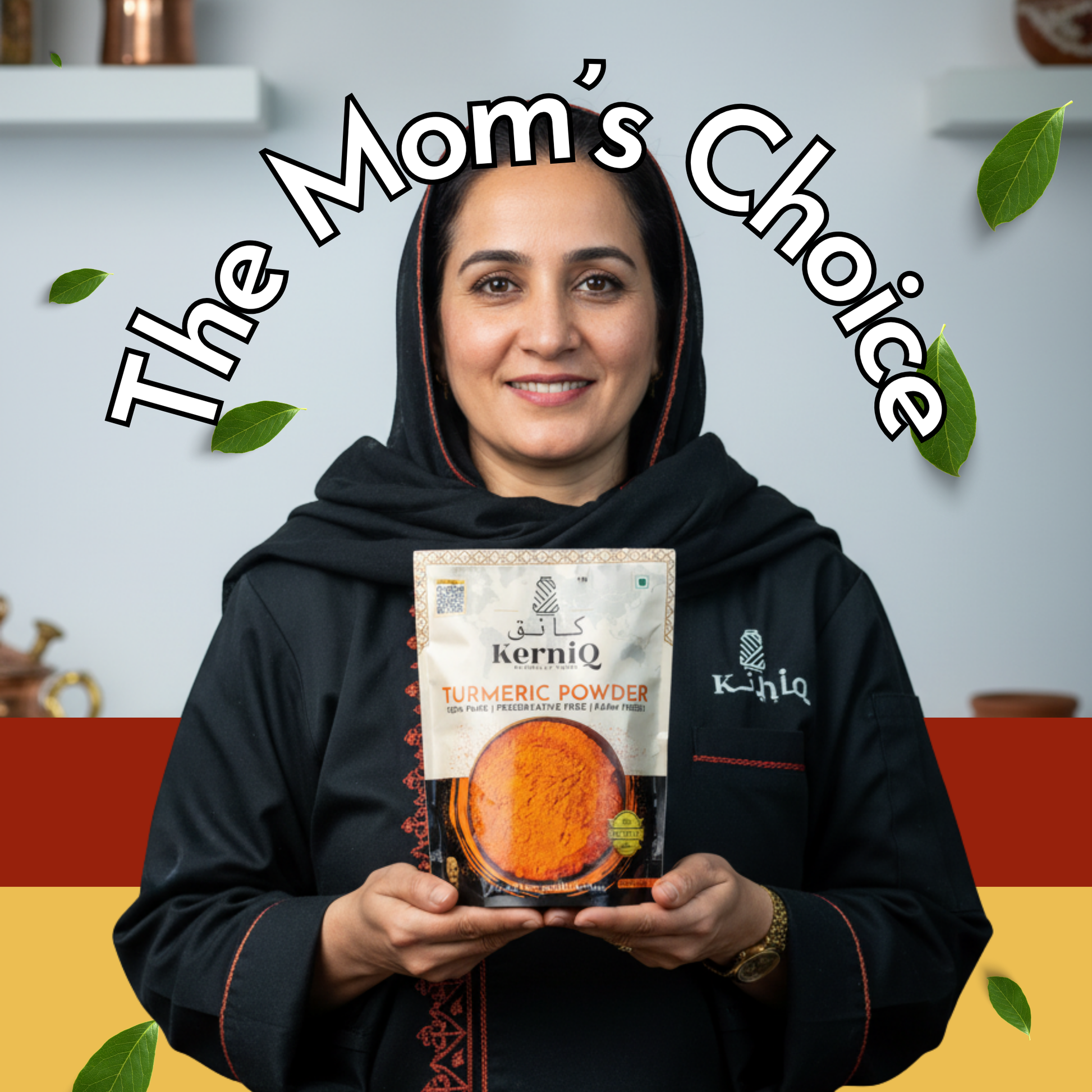 Woman holding a package of KerniQ Turmeric Powder with 'The Mom's Choice' text above.