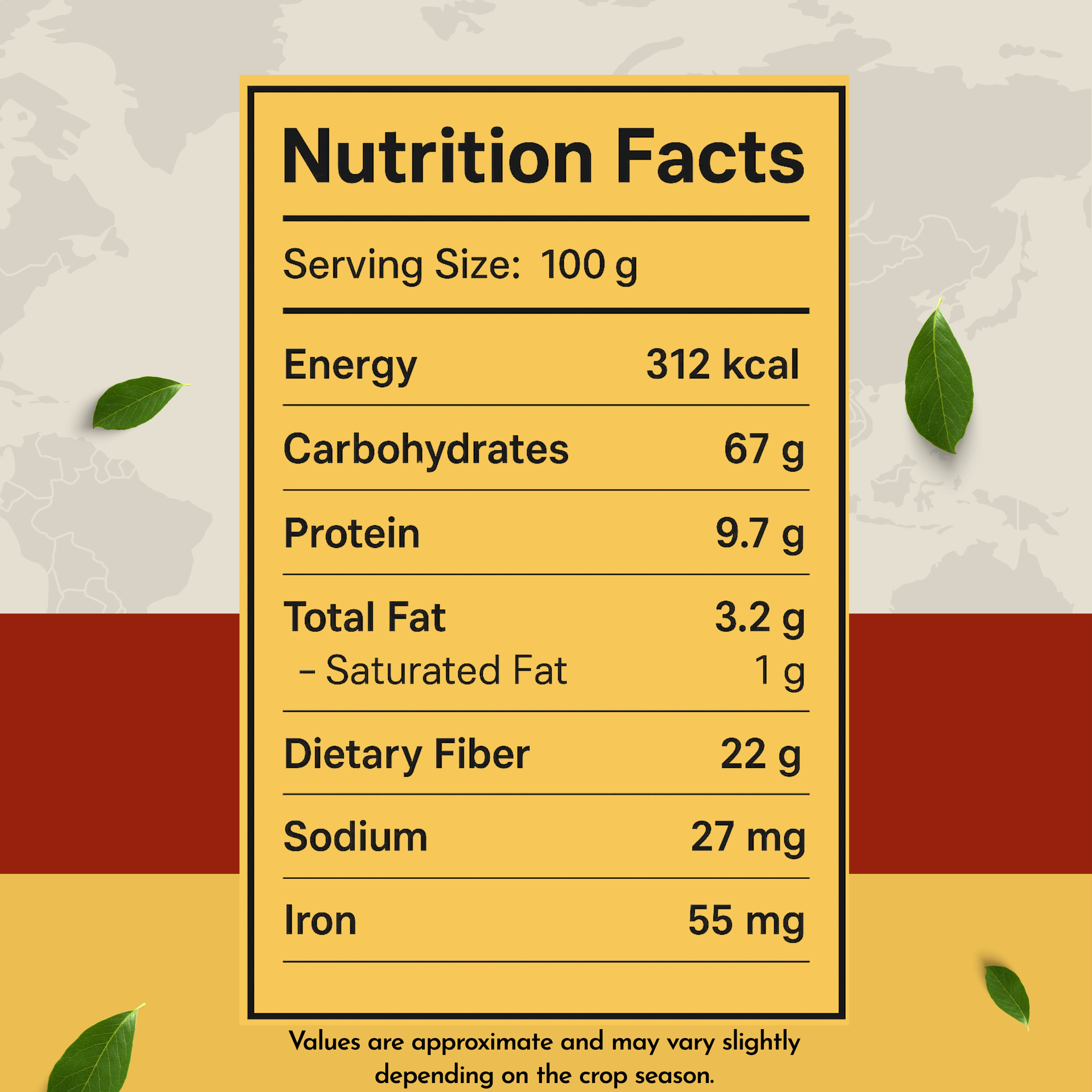 Nutrition facts label on a textured background with leaves