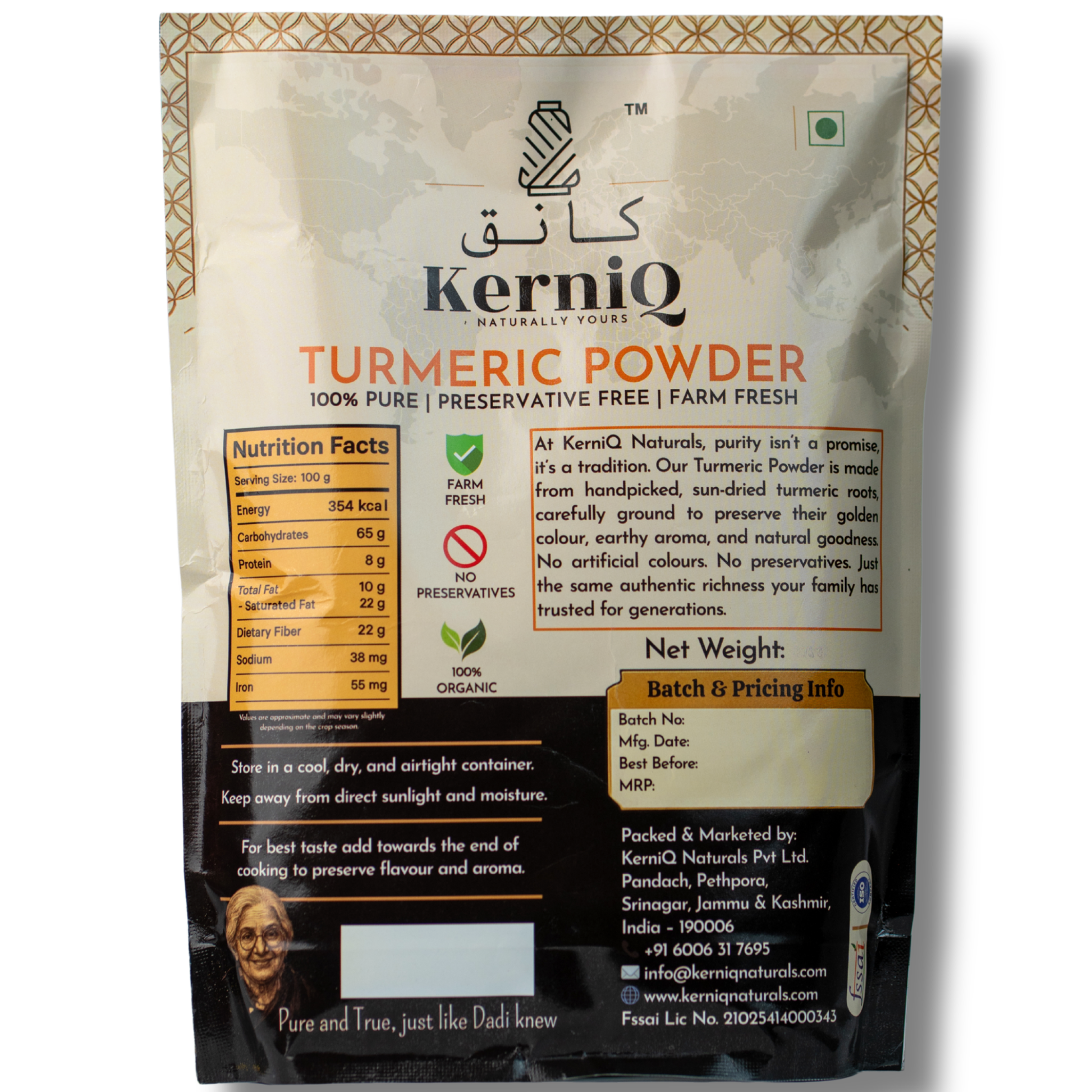 KerniQ Turmeric Powder packaging with nutritional information and branding details.
