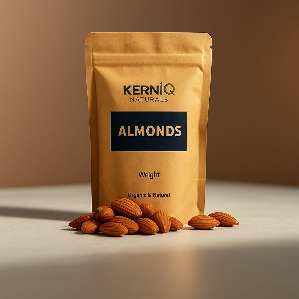 KerniQ Naturals almond package with almonds on a neutral background