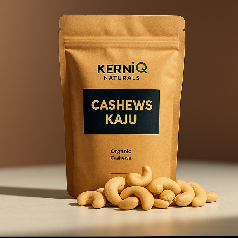 KerniQ Naturals cashew nut package on a beige surface with a brown background