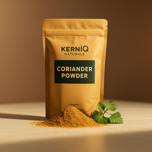 KerniQ Naturals coriander powder package with coriander leaves on a beige background
