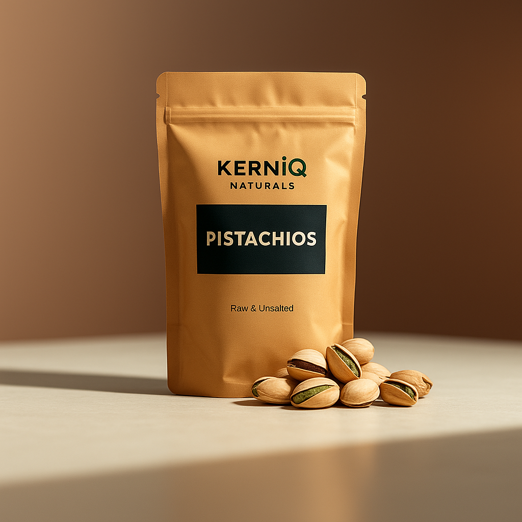 KerniQ Naturals pistachios packaging with pistachios on a beige surface and brown background