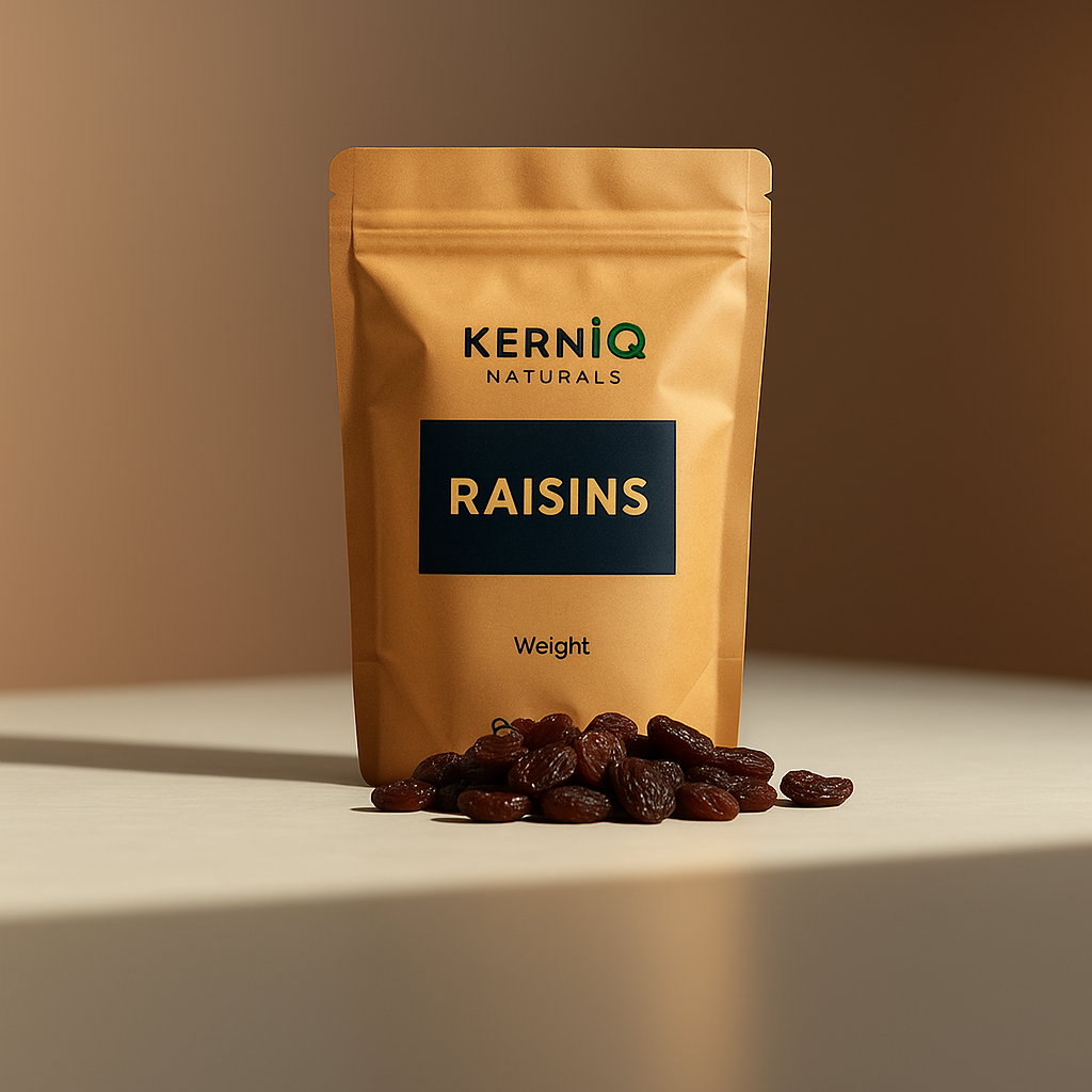 Kerniq Naturals raisins package with raisins spilling out on a beige background