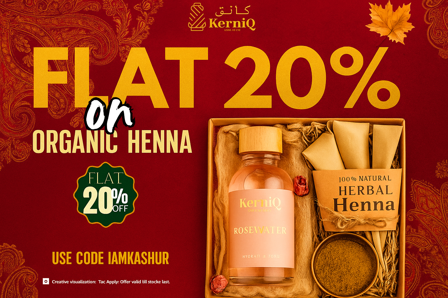Promotional advertisement for KerniQ organic henna with a flat 20% off offer on a red background.