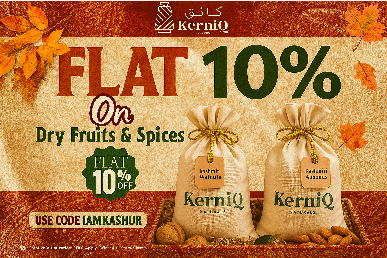 Promotional banner for KerniQ with bags of dry fruits and spices, featuring a flat 10% off offer.